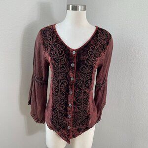 Agan Traders Womens Medium Velvet Trim Top Tie Back Long Sleeve Shirt